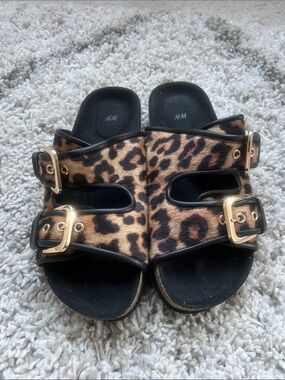 H&M Leopard-Print Buckle Slides - Black & Brown